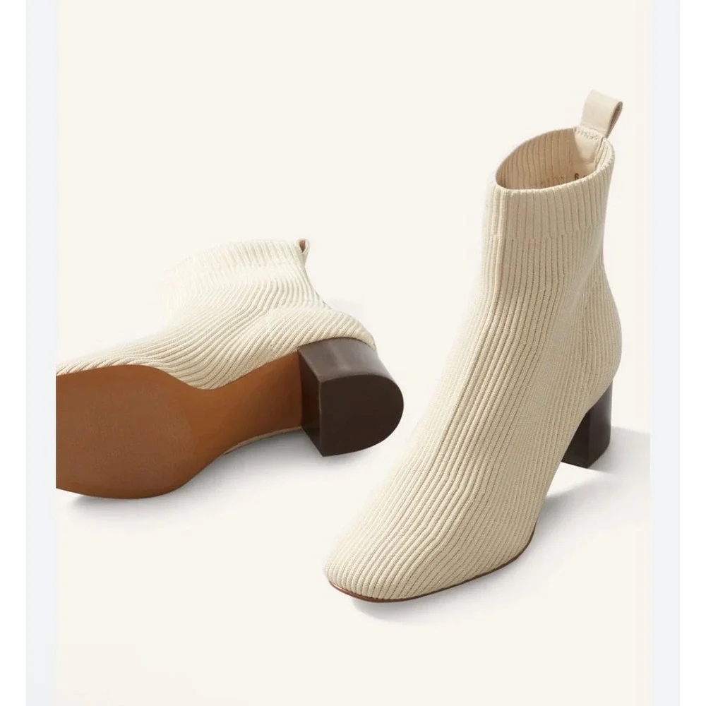 Everlane The Glove Boot Bone ReKnit‎ Ribbed Sock Bootie Pointed Toe Block Heel